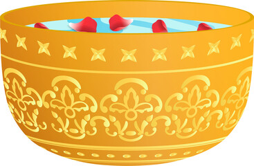Scented water with flower petals in traditional golden bowl for Thai Songkran festival, no background graphic element