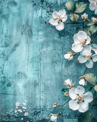 Vintage White Flowers on Rustic Turquoise Blue Background in Distressed Grunge Style