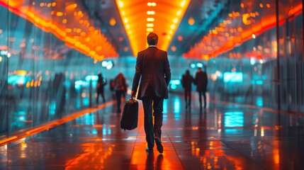 A man walking down a hallway with his briefcase in hand, AI - obrazy, fototapety, plakaty