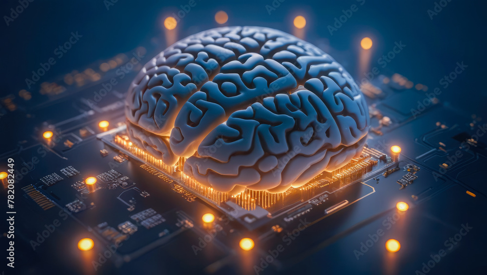 Poster big data and artificial intelligence concept. human brain glowing from processor, symbolizing the fu