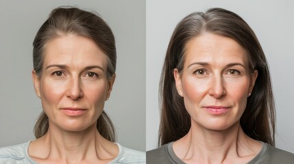 A woman is shown before and after receiving hair loss treatment. The background is a solid gray. - obrazy, fototapety, plakaty