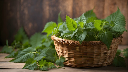 A rustic still life showcasing fresh stinging nettle leaves carefully placed in a traditional wicker basket set on a warm wooden backdrop