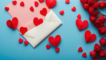 A creative flat lay of an open envelope surrounded by red paper hearts on a blue background, symbolizing love letters