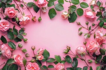 Fototapeta na wymiar Banner with frame made of rose flowers and green leaves on a pink background. Springtime composition with copyspace with generative ai