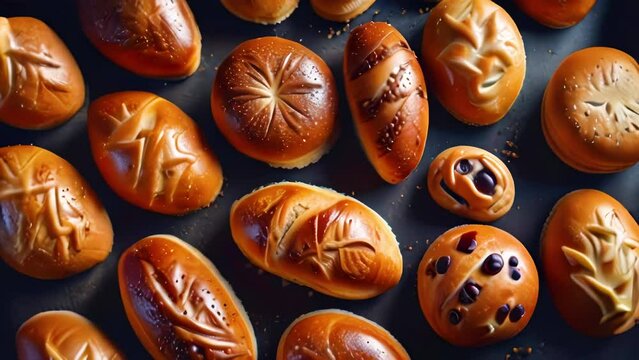 Top view of fresh appetizing pastries on dark background. Yeast buns with sesame and raisins slowly swirl.