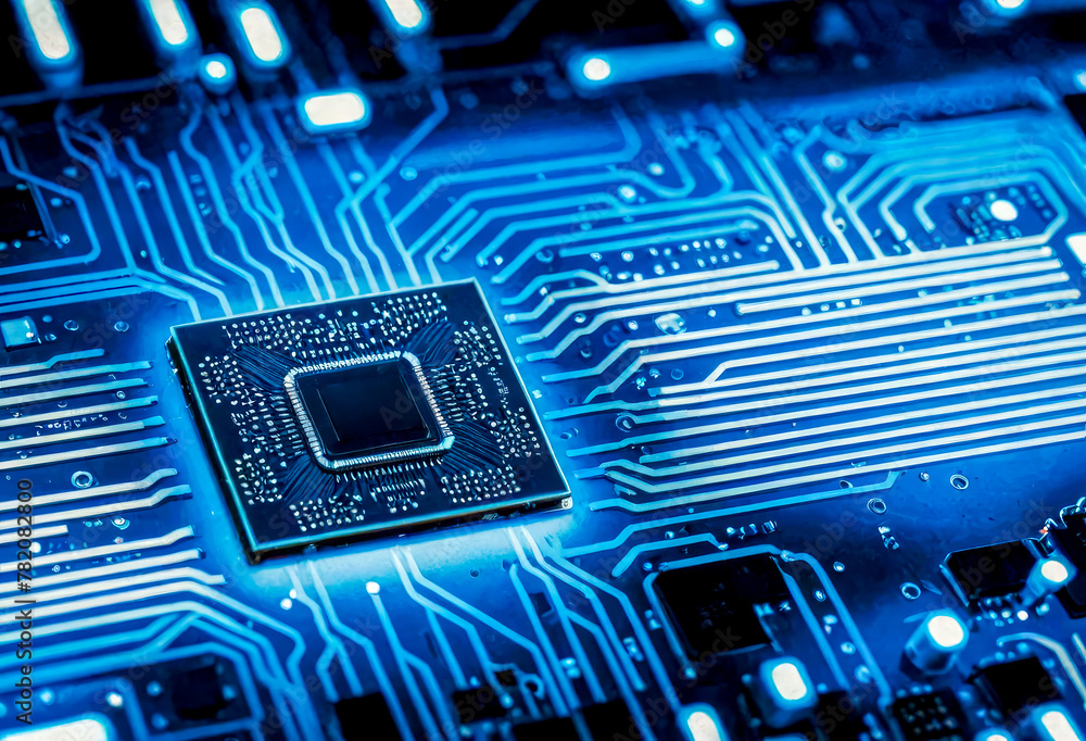 Poster neon blue visualization of circuit board cpu processor starting digitalization process and informati