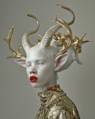 Mystical woman with golden horns on her head posing in a surreal and enchanting fashion portrait