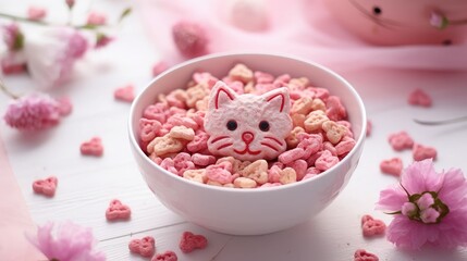 Fototapeta na wymiar Festive and Healthy breakfast for loved ones. Charming kitten, Cereal biscuits in pink glaze, cornflakes, yogurt, fresh berries on the background of white boards. Close-up, top view