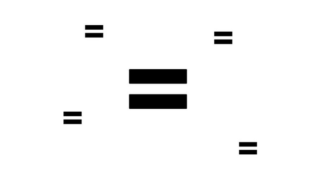 Zoom in and out animation the equals symbol. Large black symbol in the center and four small symbols around. Seamless looped 4k animation on white background