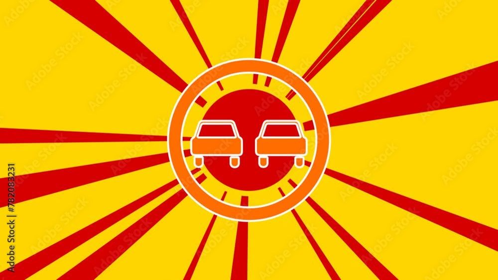 Poster no overtaking sign on the background of animation from moving rays of the sun. large orange symbol i