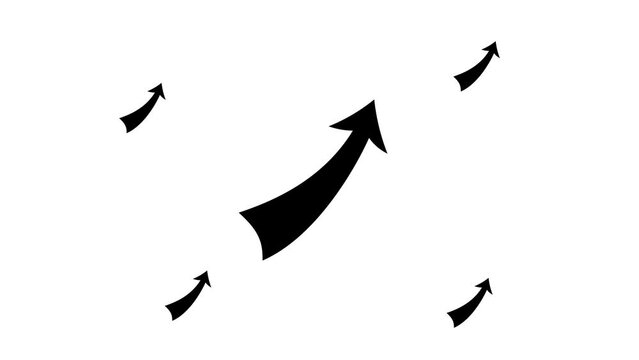 Zoom in and out animation the up arrow symbol. Large black symbol in the center and four small symbols around. Seamless looped 4k animation on white background