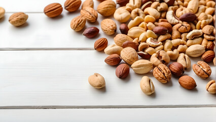 An abundance of various nuts like almonds, cashews, and walnuts casually spread on a white surface, showing texture and nutty tones