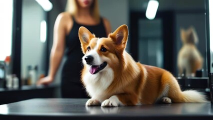 Red and white corgi dog awaits grooming in professional groomer office. Care and health care for pet.