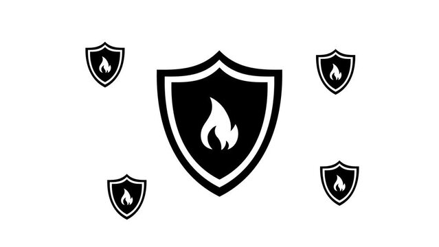 Zoom in and out animation the fire protection symbol. Large black symbol in the center and four small symbols around. Seamless looped 4k animation on white background
