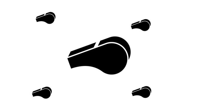 Zoom in and out animation the sports whistle symbol. Large black symbol in the center and four small symbols around. Seamless looped 4k animation on white background