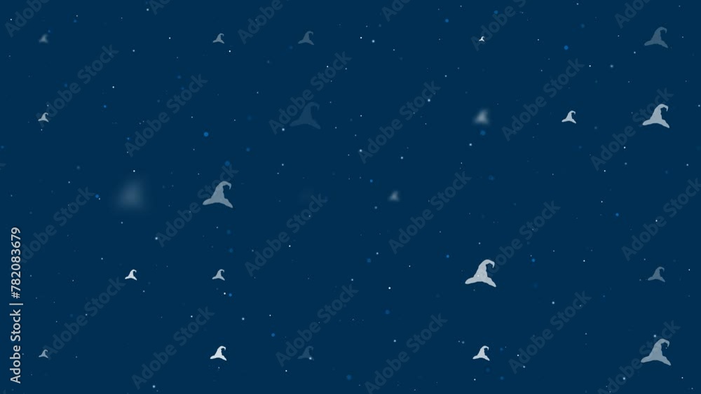 Poster Template animation of evenly spaced wizard hat symbols of different sizes and opacity. Animation of transparency and size. Seamless looped 4k animation on dark blue background with stars