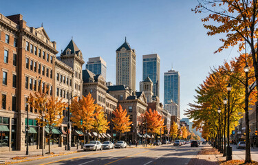 Autumn city scene with vibrant fall trees lining urban streets, tall buildings in background, clear blue sky, cars parked along road - Powered by Adobe
