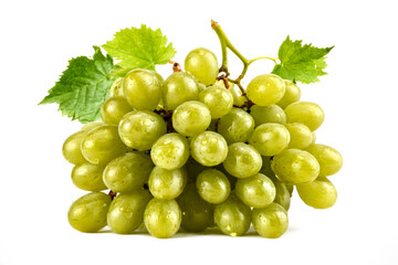Green grape with leaves isolated on white. Green grapes glisten against white backdrop. Highlighting plumpness and freshness