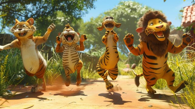 animals attempting to perform a synchronized dance routine, but failing hilariously as they trip over each other and tumble to the ground, laughing uproariously at their own clumsiness