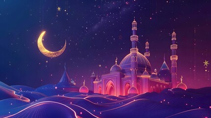 3D illustration, Eid greeting card high definition image of a mosque with crescent and stars. - obrazy, fototapety, plakaty