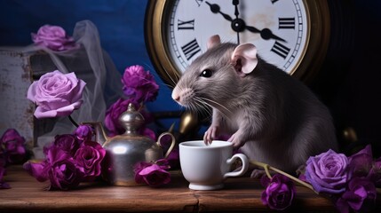 Gray rat sits with cup of tea, a teapot and blue alarm clock, with a bouquet of purple flowers on a black and white wooden background, he is having breakfast