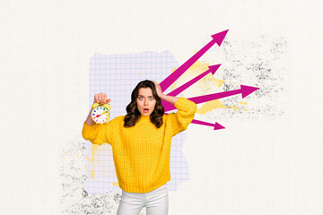 Creative photo collage young scared woman arrows pointers direction alarm clock deadline shocked...