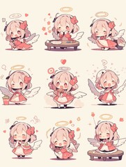 Collection sets of cute cartoon character angel with wings. Multiple emotions.