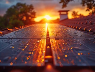 Solar Panels on House Roof at Sunset. Solar Energy Alternative Energy Renewable Concept. Photovoltaic Technology - obrazy, fototapety, plakaty