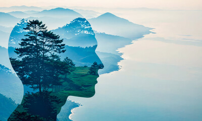 climate change awareness, environmental preservation. Human profile infused with natural scenery symbolizes intersection of mankind and environment, climate issues and path to harmony