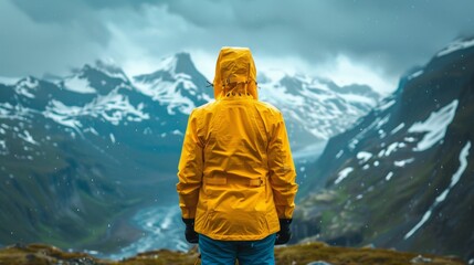 A person in yellow jacket standing on a mountain top looking at snow covered mountains, AI