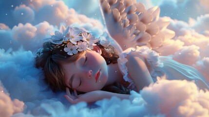 Cute 3D cartoon character angel with wings sleep on cloud