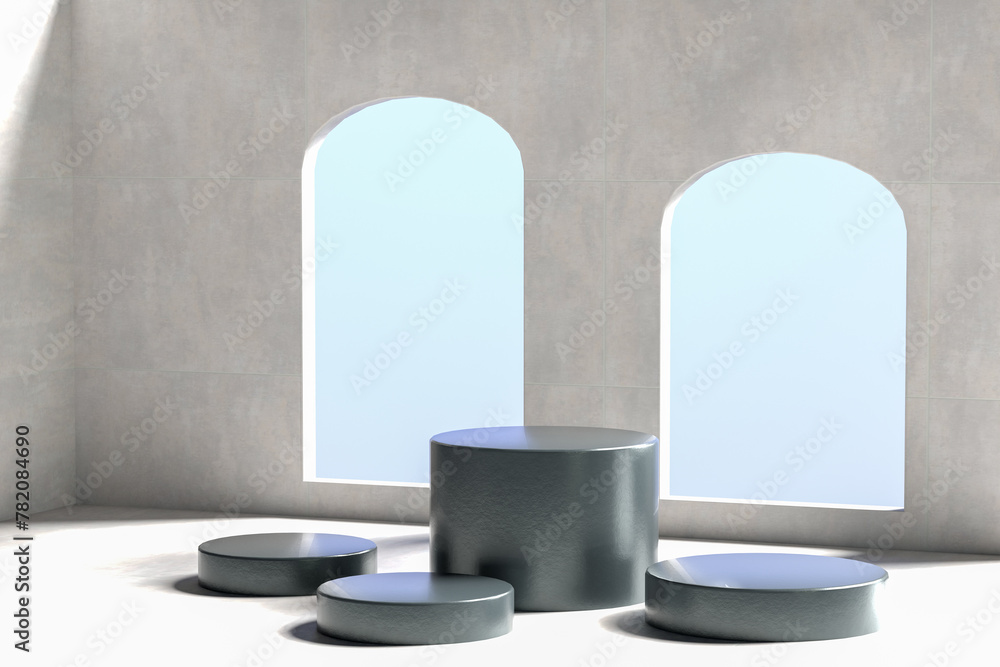 Poster four black round podiums for product. product placement and presentation. product placement. plaster