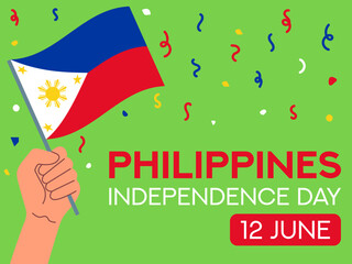 Philippines independence day 12 June. Philippines flag in hand. Greeting card, poster, banner template