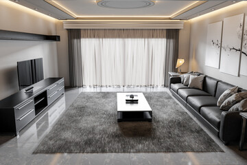 Modern living room with elegant design, grey sofa, black coffee table, and television on console. White curtains, abstract wall art, and ambient lighting enhance the luxurious feel