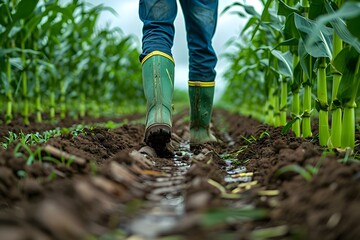 Fototapeta premium Farmer's Journey: Amidst Corn Rows and Earthy Treads. Concept Agricultural Landscapes, Farming Community, Crop Cultivation, Rural Life, Sustainable Agriculture