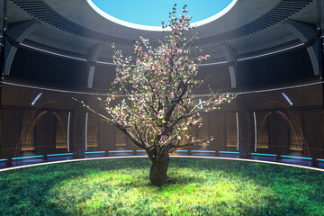 Blossoming tree in center of indoor garden, surrounded by lush grass. Sunlight through open ceiling, illuminating dark architectural elements and blue lights