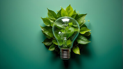 An eco-friendly concept with a light bulb filled with vibrant green leaves against a green background, symbolizing innovative green ideas