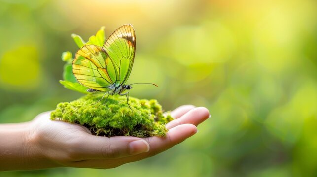 A person holding a green and yellow butterfly on top of moss, AI
