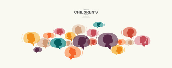 Happy Children's Day card. Different children inside chat bubbles. Modern color design. 