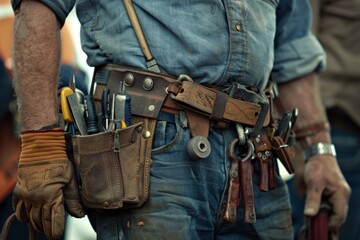 A portrait of a construction worker wearing a tool belt - obrazy, fototapety, plakaty