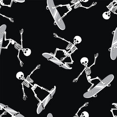 Cartoon Skeleton skateboarding. Seamless pattern. Vector illustration.
