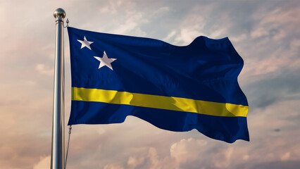 Curacao Waving Flag Against a Cloudy Sky
