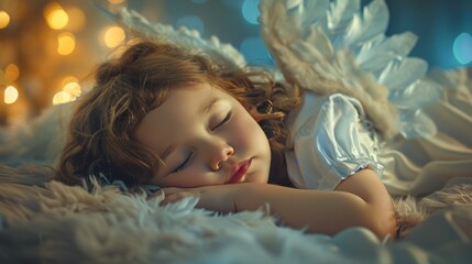 Cute baby girl angel with wings sleep in bed