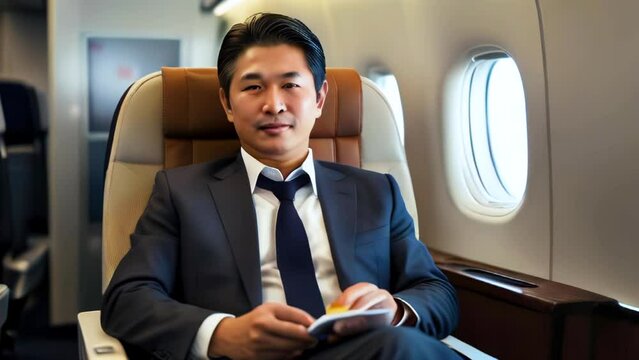 Portrait of middle aged asian businessman in comfortable chair in business class on airplane. Business trip of successful man in suit on charter flight.