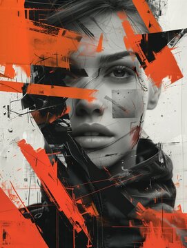 Abstract dynamic digital collage art of orange-black colors women's portrait