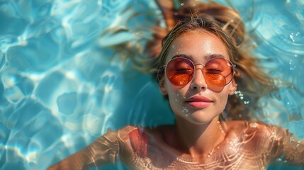 a woman wearing sunglasses is swimming in a pool