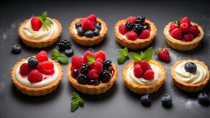 Assortment of delicious fruit tartlets with fresh berries and cream on a sophisticated dark surface