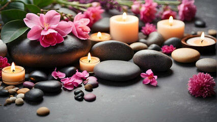 An inviting spa composition with pink flowers, candles, black stones, promoting relaxation and tranquility in a serene setting