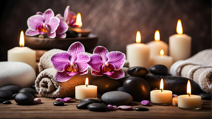 A serene spa scene with vibrant orchid flowers, multiple lit candles, towels, stones, and a wooden bowl Perfect for wellness and tranquility themes