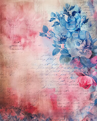 Vintage Pink Blue Flowers on Rustic Background in Distressed Grunge Style